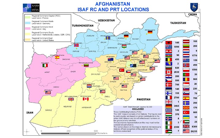 Carte de l’Afghanistan montrant les « pays chefs de file » des commandements régionaux de la Force internationale d'assistance à la sécurité (7 avril 2009). © OTAN
)