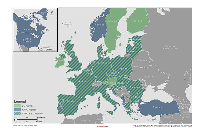 L'UE et l’OTAN ont actuellement vingt-deux membres en commun (juillet 2019). © Siège de l’OTAN, Section géomatique
)