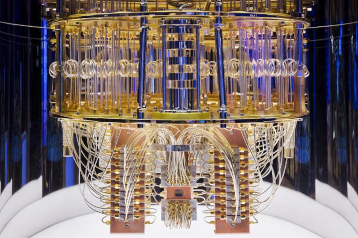 Quantum computer built by IBM: the IBM Q System One (source: Forbes). Want to listen to it? Visit this link to listen to the sounds of a quantum computer’s heartbeat.
)