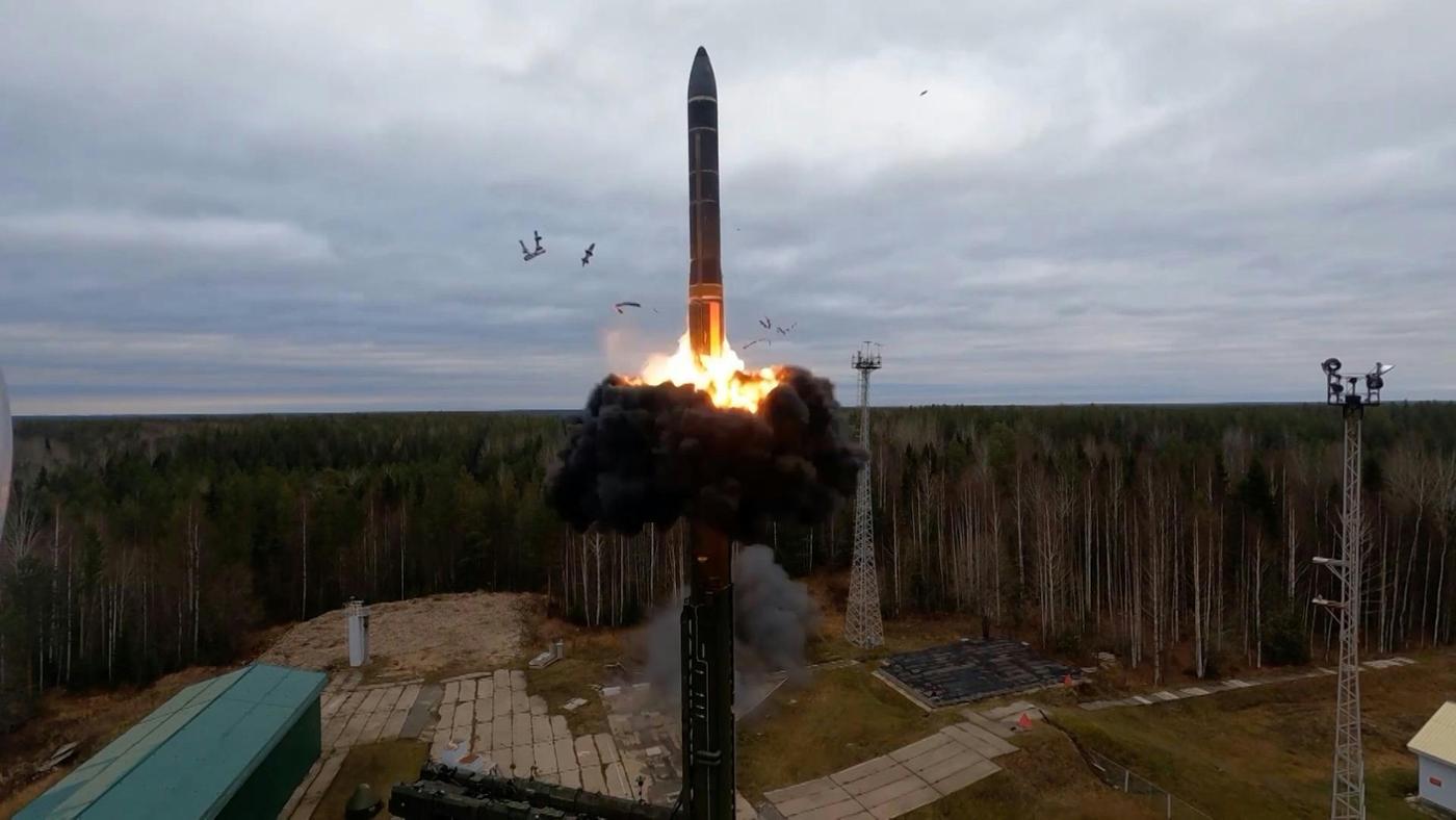 The Yars intercontinental ballistic missile is launched during exercises of the strategic deterrence forces in Russia on 26 October 2022. President Vladimir Putin has watched military forces carry out nuclear exercises in Russia amid growing fears that Moscow may trigger a major escalation in the war in Ukraine. Photo © Russia MOD via EYEPRESS / via Reuters
)