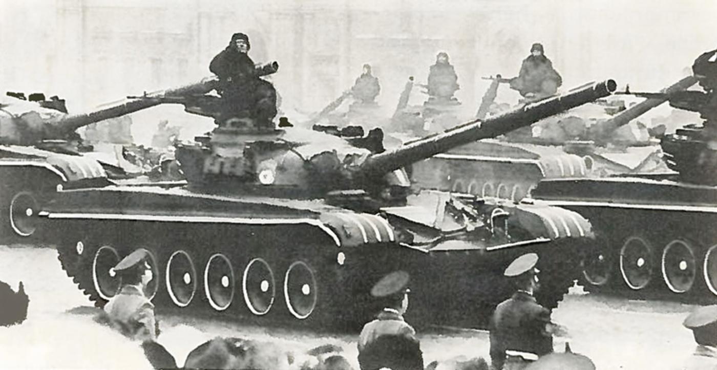  Soviet T-72 battle tanks, seen for the first time in public last summer, as they rumble across Red Square

