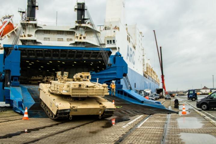 While reduced in scope and size, Exercise Defender-Europe 20 has demonstrated military mobility. Pictured: heavy tanks and armoured vehicles are offloaded from US vehicle carrier Endurance in Bremerhafen, Germany – 21 February 2020.   (Photo by Sgt Dominique Washington)
)