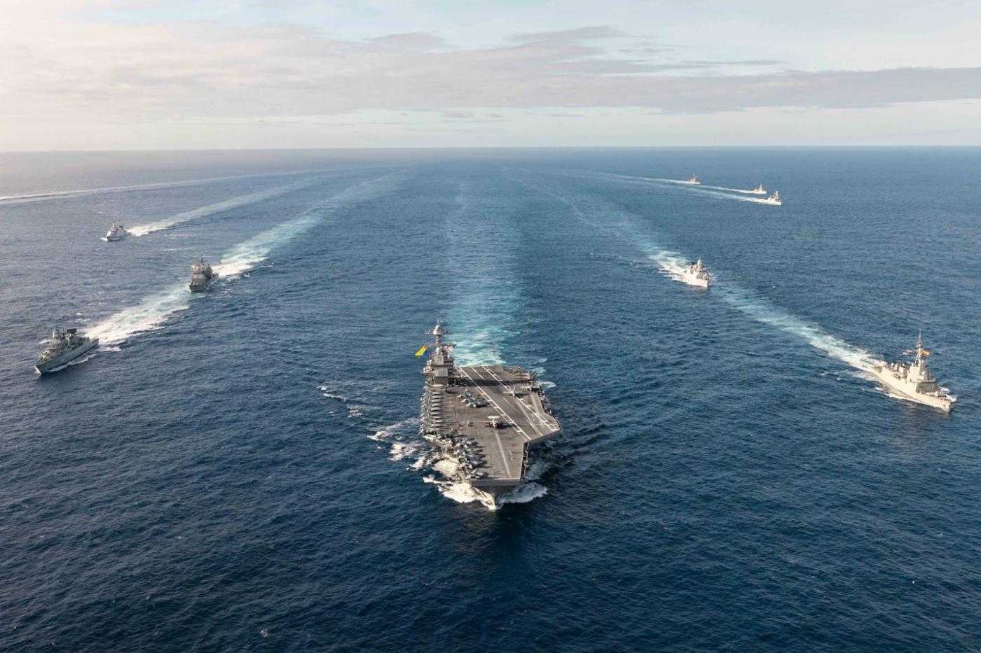 The USS Gerald R. Ford leads a carrier strike group across the Atlantic Ocean, demonstrating the enduring bond between NATO Allies in Europe and North America.
)