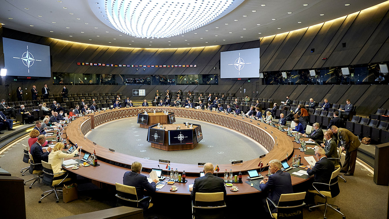 Allies and NATO commit to ensuring that the AI applications they develop and consider for deployment will be in accordance with the six principles explained above. Pictured: Allied Defence Ministers meeting at NATO Headquarters on 21-22 October 2021. © NATO
)