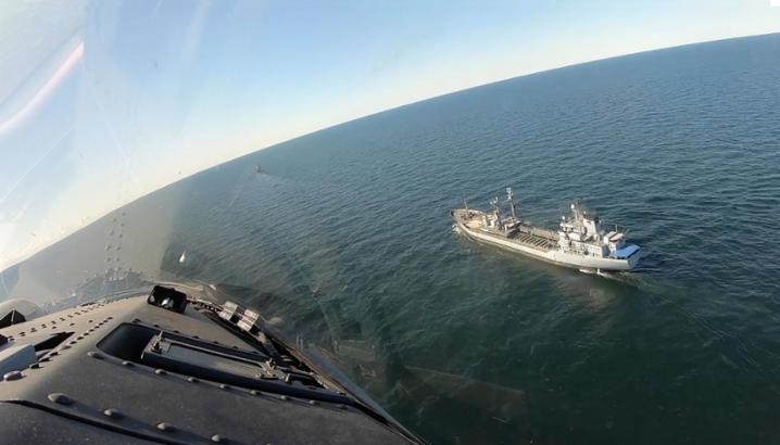 The threats the Alliance faces are no longer in any one domain, so a joint and flexible approach to a fluid environment is essential to protect the Alliance’s integrity against all threats, regardless of their origin or nature. Picture: Viewed from a Royal Air Force Typhoon fighter jet, a NATO ship operating in the Baltic Sea. Photo courtesy Royal Air Force.
)