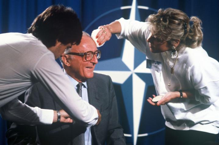 Lord Peter Carrington prepares to meet the press on his first day in office as NATO Secretary General – 25 June 1984. © NATO
)