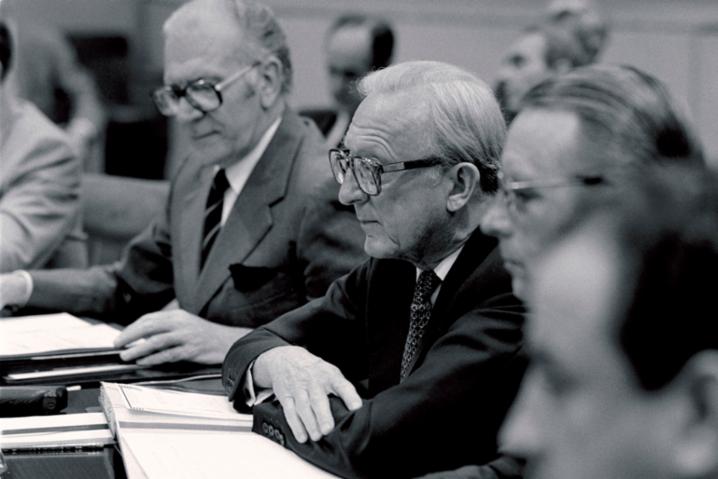 NATO Secretary General Lord Carrington made a point of ensuring that all North Atlantic Council meetings began on time. © NATO
)