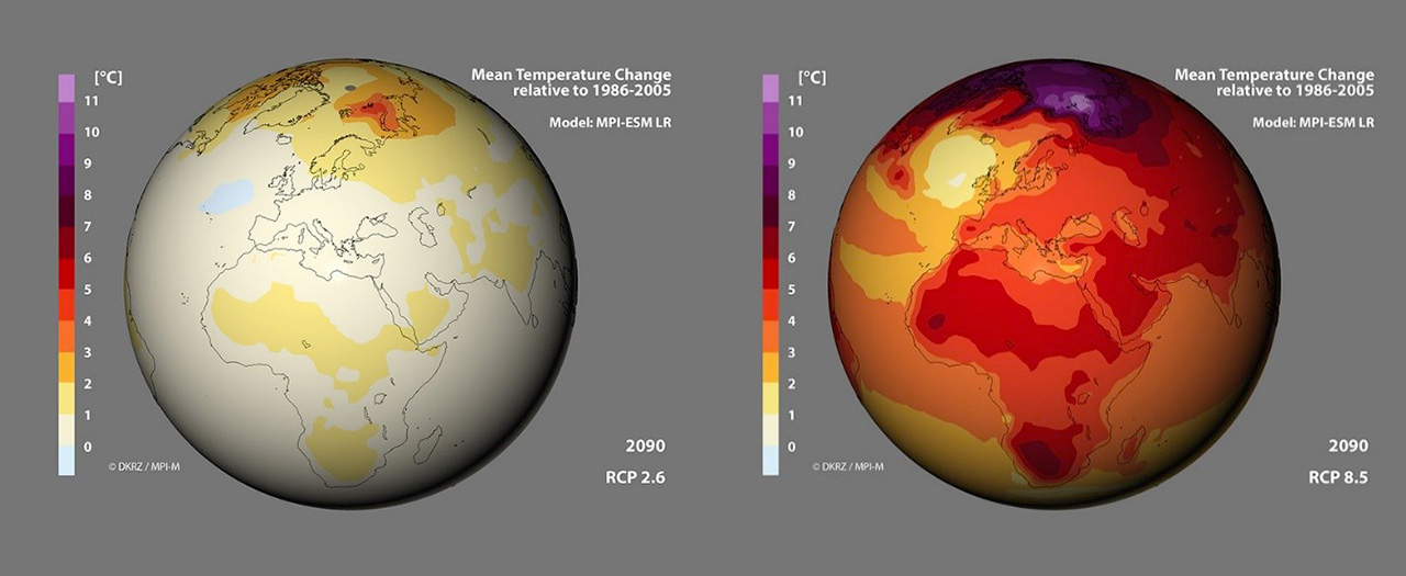 Zgodnie z dwoma scenariuszami Reprezentatywnych ścieżek koncentracji (RCP) - RCP 2.6 (bardzo przekonywająca ścieżka) oraz RCP8.5 (najgorszy przewidywany scenariusz) średnia zmiana temperatury powierzchni Ziemi wykazuje podobne schematy ogrzewania, w porównaniu do danych za lata 1986-2005. Największa zmiana temperatury jest przewidywana w Arktyce – wzrost o ponad 10 °C (RCP1.9, to ścieżka, która ogranicza globalne ocielenie poniżej 1.5 °C, co jest celem aspiracyjnym Porozumienia Paryskiego). Źródło: DKRZ/MPI-M
)
