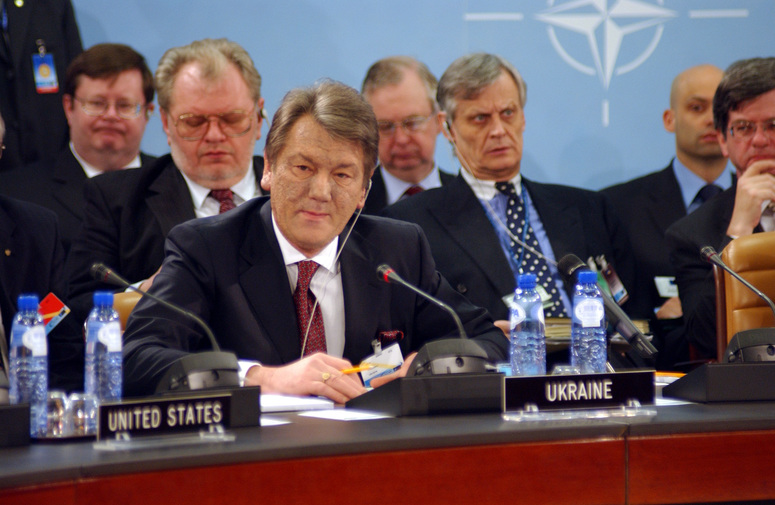 Ukrainian President Viktor Yushchenko addressing NATO Heads of State and Government at the Summit meeting of the NATO-Ukraine Commission