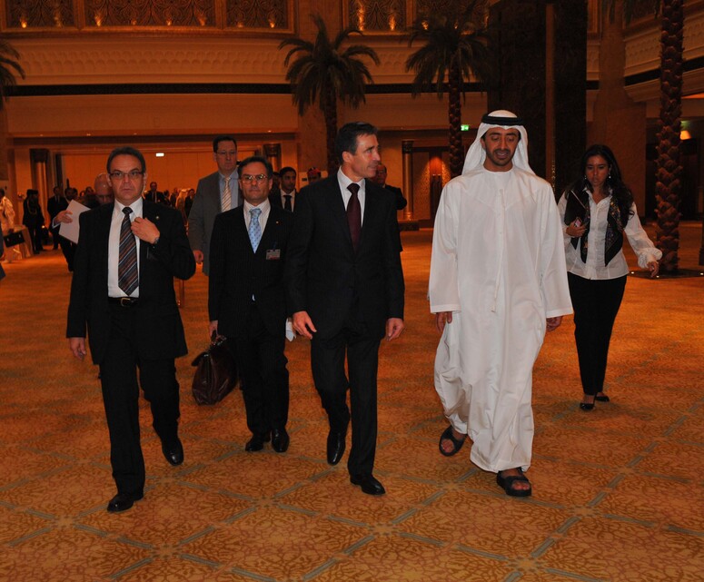 Opening of the conference. NATO Secretary General H.E.Mr. Anders Fogh Rasmussen arrives at the Emirates Palace accompanied by UAE Foreign Minister H.H. Sheikh Abdallah bin Zayed Al-Nahyan