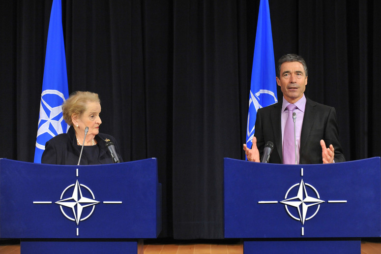 Joint Press Conference Left to right:  Madeleine Albright and NATO Secretary General, Anders Fogh Rasmussen