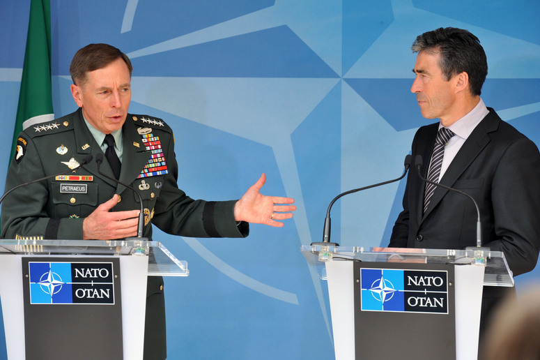 (left to right) General David H. Petraeus (new Commander of ISAF) and NATO Secretary General Anders Fogh Rasmussen during their meeting with the press