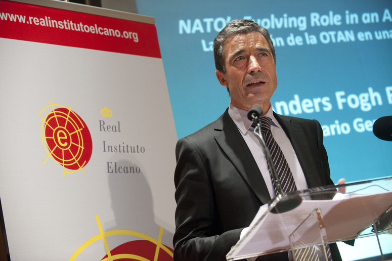 NATO Secretary General Anders Fogh Rasmussen delivering his key-note speech at the Fundacion Lazaro Galdiano, organized by the Royal Elcano Institute.