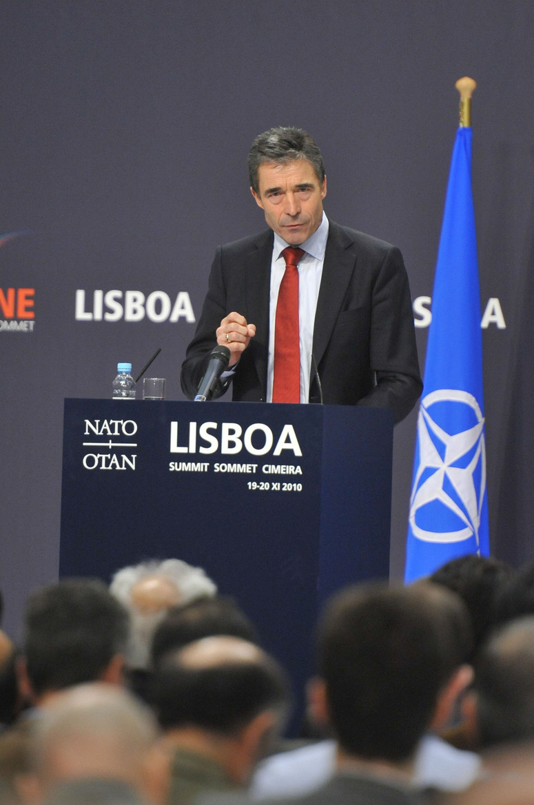 NATO Secretary General Anders Fogh Rasmussen during the joint press point with UN Secretary-General Ban Ki-moon and President Hamid Karzai of Afghanistan.