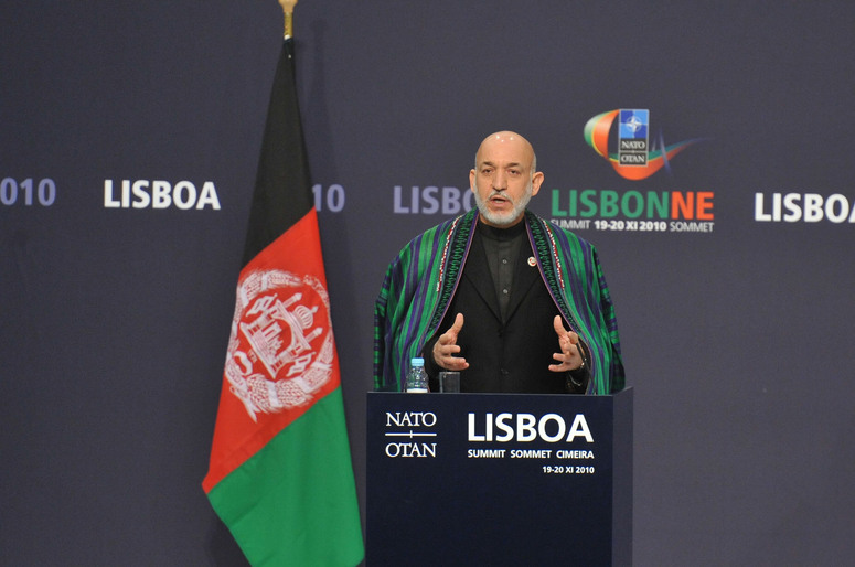 The President of Afghanistan, Hamid Karzai during the joint press point with NATO Secretary General Anders Fogh Rasmussen and the UN Secretary-General Ban Ki-moon.
