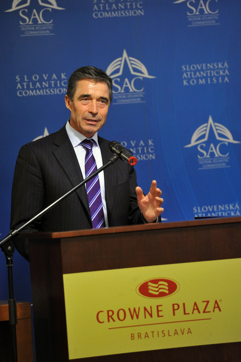 NATO Secretary General, Anders Fogh Rasmussen during his speech entitled ''NATO value for security'' to students in Bratislava