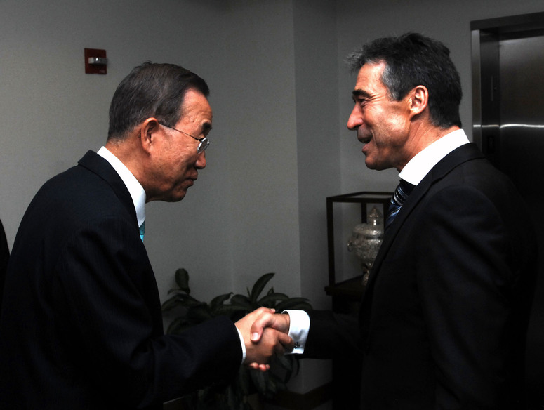 Secretary-General of the United Nations, Ban Ki-Moon bids farewell to NATO Secretary General, Anders Fogh Rasmussen at the United Nations Headquarters in New York following a meeting between the two on the eve of the opening of the UN General Assembly.