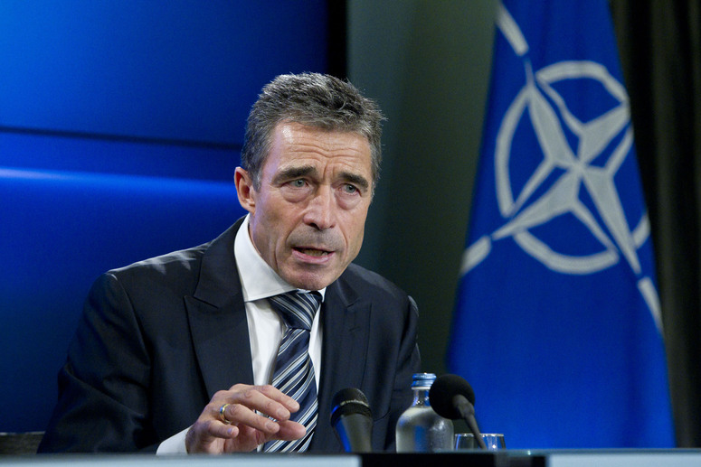 NATO Secretary General Anders Fogh Rasmussen briefing the press on the outcome of the operation in Libya at his monthly press briefing at the Residence Palace in Brussels on Thursday 3 November 2011.