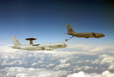 This aircraft can fly over 10 hours without refueling at 30,000 feet (9,150 metres). At this altitude, a single E-3A can continuously survey the airspace within a radius of 400 kilometres and exchange information with ground- and sea-based commanders. The antennas for the radar systems are found in the rotodome that is carried atop the AWACS. This structure rotates every ten seconds, providing 360-degree surveillance coverage.