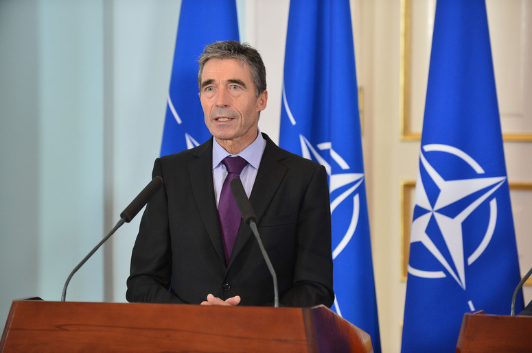 NATO Secretary General, Anders Fogh Rasmussen during the press conference following the bilateral meeting with the President of Armenia, Serzh Sargsyan