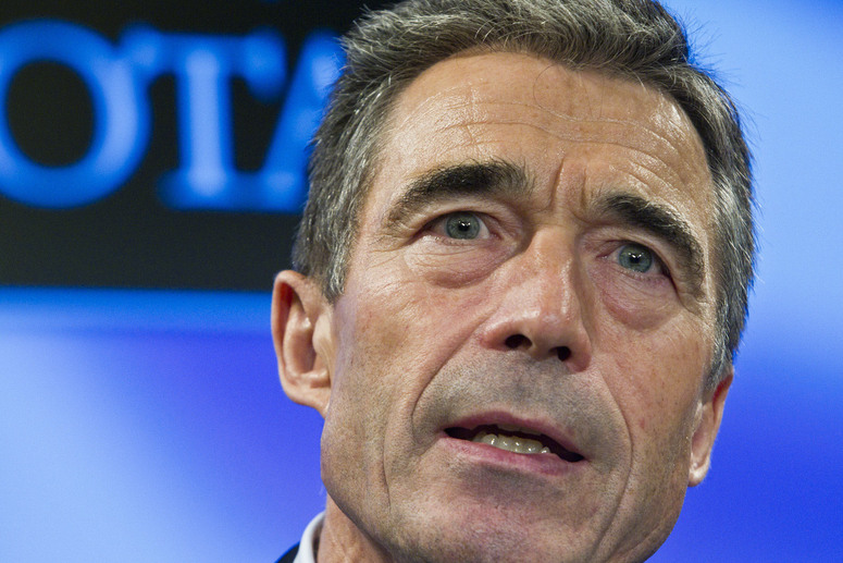 NATO Secretary General Anders Fogh Rasmussen during his monthly press briefing at the Residence Palace in Brussels