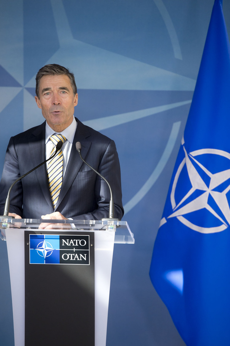 NATO Secretary General Anders Fogh Rasmussen at the joint press point with the Prime Minister of Montenegro, Milo Dukanovic
