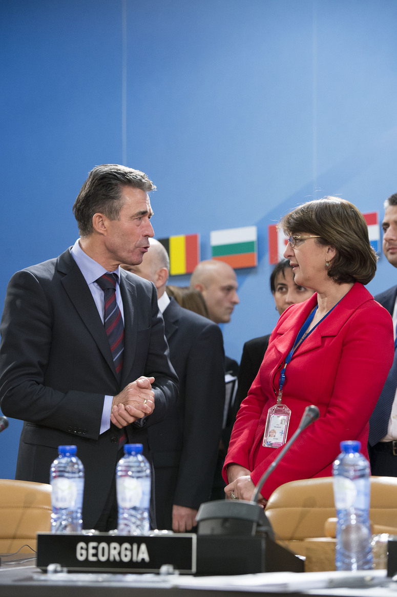 Left to right: NATO Secretary General Anders Fogh Rasmussen talking with Maia Panjikidze (minister of Foreign Affairs, Georgia)