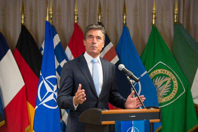 NATO Secretary General Anders Fogh Rasmussen and British Prime Minister David Cameron giving a statement to the media after their meeting at the Headquarters of Allied Command Operations (SHAPE).