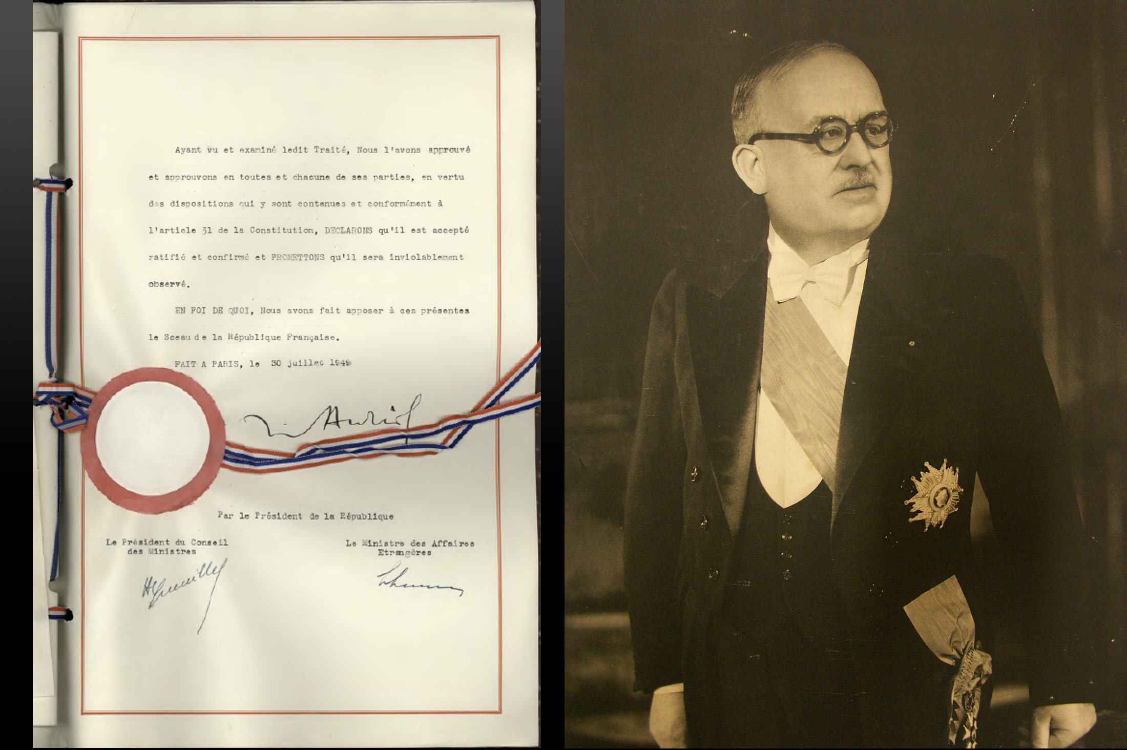 PARIS, 30 JULY 1949, THE PRESIDENT OF THE FRENCH REPUBLIC, VINCENT AURIOL, SIGNS THE INSTRUMENT OF ACCESSION FOR FRANCE