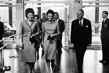 The heiress to the throne, Princess Beatrix (left), and Princess Irene (right) are hosted by NATO Secretary General Dirk Stikker at NATO Headquarters in Paris, France, in September 1963.