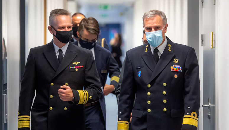 Admiral Rob Bauer, Chair of the NATO Military Committee and Vice Admiral Daniel W. Dwyer, Commander of the Joint Force Command Norfolk at NATO HQ.