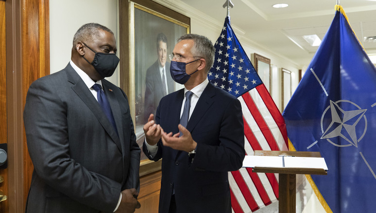 NATO Secretary General Jens Stoltenberg meet with US Defense Secretary Lloyd Austin