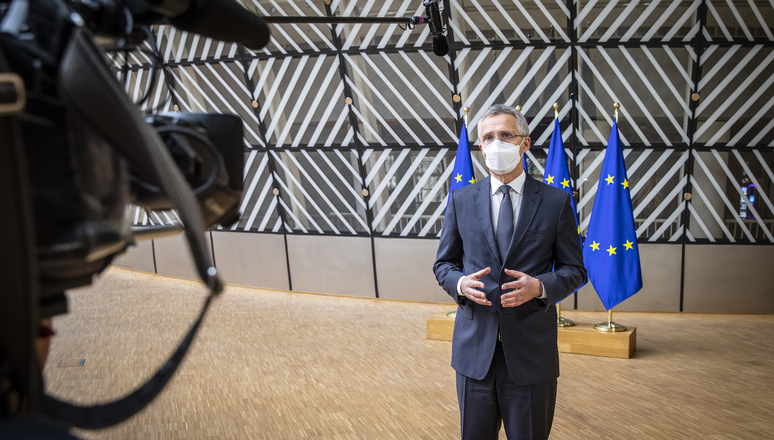 NATO Secretary General Jens Stoltenberg gives a doorstep statement upon arrival at the European Council
