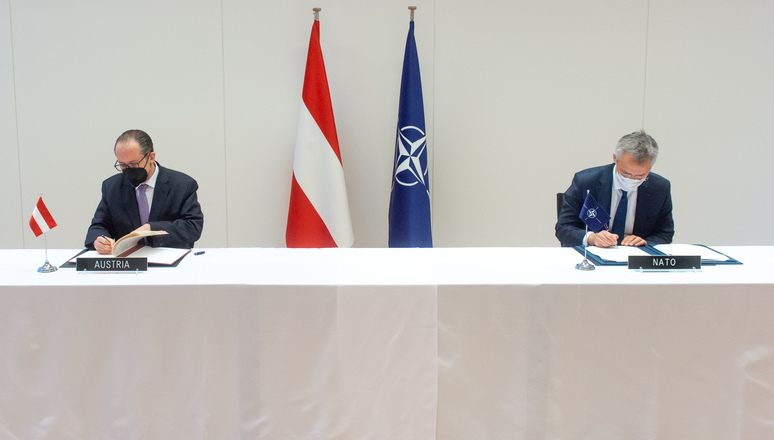 NATO Secretary General Jens Stoltenberg and the Federal Minister for European and International Affairs of Austria, Alexander Schallenberg sign an agreement between the North Atlantic Treaty Organization (NATO) and the Austrian Federal Government on the legal status of the NATO Liaison Office in Vienna