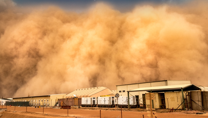 Ein gewaltiger Haboob fegt über das Camp Castor in Gao/Mali bei der Mission MINUSMA, am 09.06.2019.