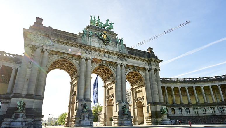 NATO flag flies under the Cinquantenaire Arch in Brussels from 11 to 15 June