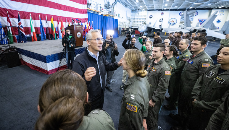 NATO Secretary General Jens Stoltenberg meets the crew of the US aircraft carrier USS George H.W. Bush which is currently participating in NATO Exercise Neptune Strike 2022 in the Mediterrranean Sea.