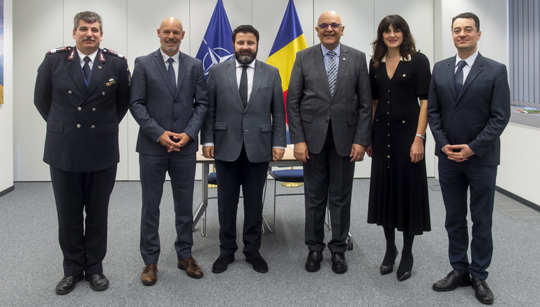 Signing of an agreement between NATO and Romania with Tim Lannan, NATO Head of the EADRCC and Raed Arafat, State secretary at the Ministry of Internal Affairs of Romania