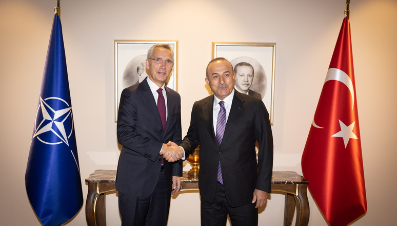 NATO Secretary General Jens Stoltenberg meets with the Minister of Foreign affairs of Türkiye, Mevlüt Çavuşoğlu.