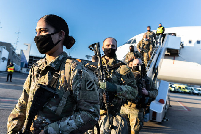 US Army soldiers arrive at Nuremberg International Airport in Germany as part of the United States' contribution to the NATO Response Force (NRF), which was activated in 2022 for the first time in a deterrence and defence role. Photo by NATO photographer.