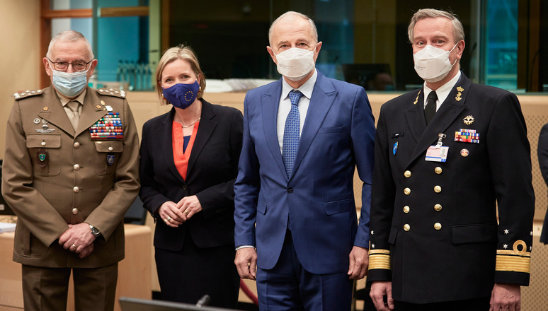 Credit: Council of the EU. Left to right: General Claudio Graziano (permanent Chairman of the EU Military Committee), Delphine Pronk (Chair of the EU Political and Security Committee), Mircea Geoană (NATO Deputy Secretary General ), Admiral Rob Bauer (Chair of the NATO Military)