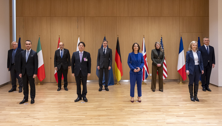 Josep Borrell (EU High Representative for Foreign Affairs and Security Policy), Luigi Di Maio (Minister of Foreign Affairs, Italy), Jean-Yves Le Drian (Minister of Foreign Affairs, France), Hyoshimasa Ayashi (Minister of Foreign Affairs, Japan), Antony J. Blinken (US Secretary of State), Annalena Baerbock (Minister of Foreign Affairs, Germany), Mélanie Joly (Minister of Foreign Affairs, Canada), Elizabeth Truss (UK Secretary of State) and NATO Secretary General Jens Stoltenberg