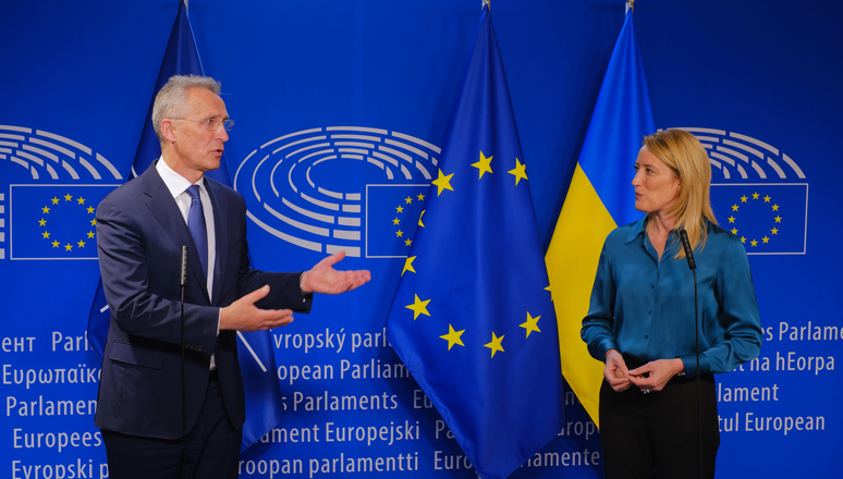 NATO Secretary General Jens Stoltenberg and the President of the European Parliament, Roberta Metsola at a meeting of the European Parliament's Conference of Presidents