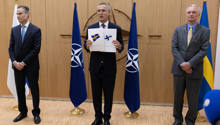 NATO Secretary General Jens Stoltenberg meets with Klaus Korhonen (ambassador of Finland accredited to NATO) and Axel Wernhoff (ambassador of Sweden accredited to NATO)