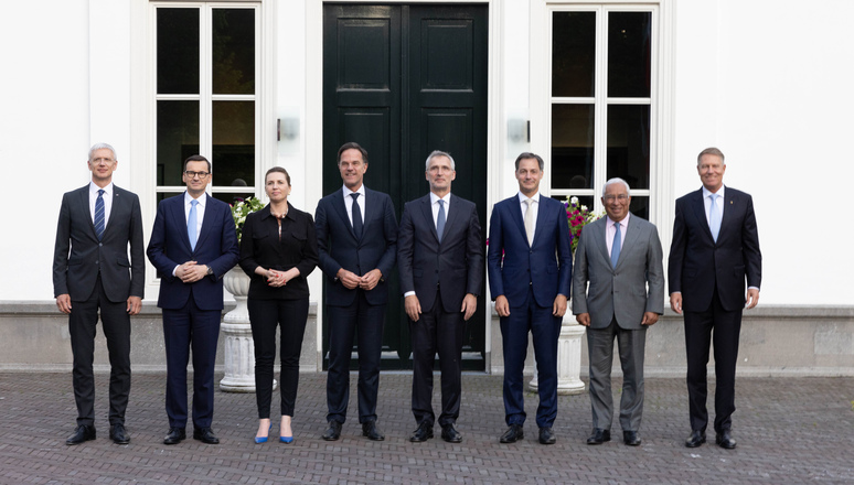 Left to right: the Prime Minister of Lativa, Krišjānis Karinš, the Prime Minister of Poland, Mateusz Morawiecki, the Prime Minister of Denmark, Mette Frederiksen, the Prime Minister of the Netherlands, Mark Rutte, NATO Secretary General Jens Stoltenberg, the Prime Minister of Belgium, Alexander de Croo, the Prime Minister of Portugal, António Costa and the President of Romania, Klaus Iohannis