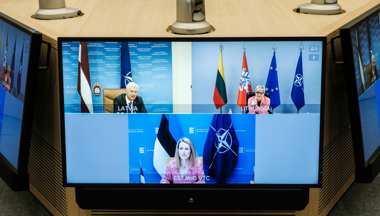 NATO Secretary General Jens Stoltenberg participates in a conference call with Estonian Prime Minister Kaja Kallas, Latvian Prime Minster Arturs Krišjānis Kariņš and Lithuanian Prime Minister Ingrida Šimonytė.