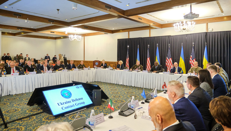 NATO Secretary General Jens Stoltenberg attends a Ukraine Defense Contact Group meeting at Ramstein Air Base, Germany, hosted by the U.S. Secretary of Defense, Lloyd J. Austin III