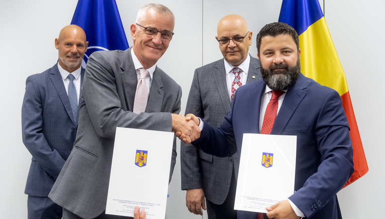 Signing ceremony for the handover of oxygen generators to Romania with Piers Cazalet, NATO Director Defence Institution and Capacity Building, Dan Neculăescu, Permanent Representative of Romania to NATO and Raed Arafat, Secretary of State at the Romanian Ministry of Internal Affairs.