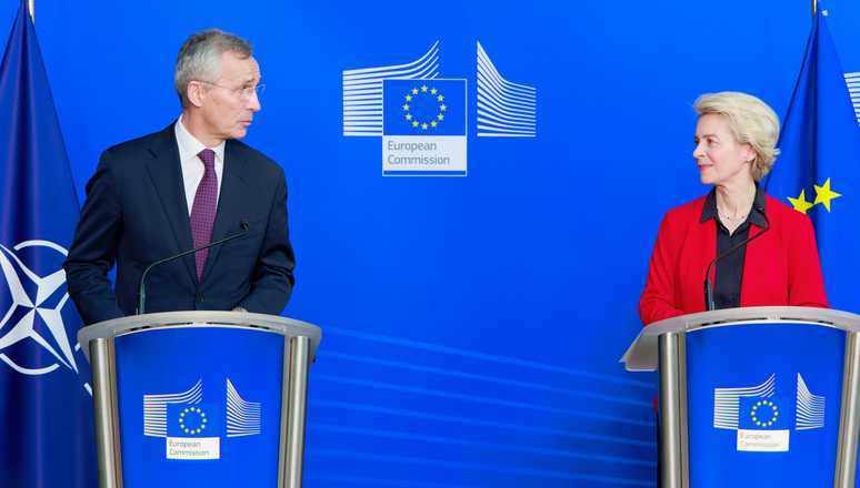 NATO Secretary General Jens Stoltenberg and the President of the European Commission, Ursula von der Leyen, ahead of a discussion on defence and security with the College of European Commissioners