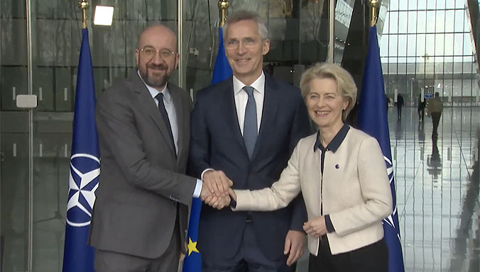 NATO Secretary General Jens Stoltenberg, the President of the European Council, Charles Michel, and the President of the European Commission, Ursula von der Leyen